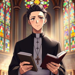 An adult male priest character depicted in a vibrant anime style, wearing traditional priest attire consisting of a black cassock with a white collar, complete with subtle ornate details