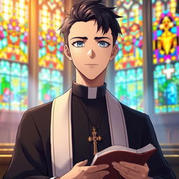 An adult male priest character depicted in a vibrant anime style, wearing traditional priest attire consisting of a black cassock with a white collar, complete with subtle ornate details