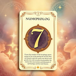 A beautifully designed numerology card featuring the number '7', prominently showcased in an elegant and artistic style