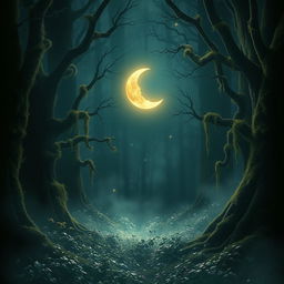 A mystical scene titled "The Whisper of the Broken Night" featuring a dark, enchanting forest illuminated by soft moonlight