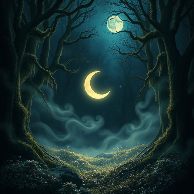 A mystical scene titled "The Whisper of the Broken Night" featuring a dark, enchanting forest illuminated by soft moonlight