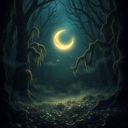 A mystical scene titled "The Whisper of the Broken Night" featuring a dark, enchanting forest illuminated by soft moonlight