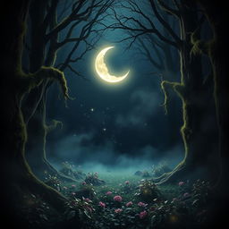 A mystical scene titled "The Whisper of the Broken Night" featuring a dark, enchanting forest illuminated by soft moonlight