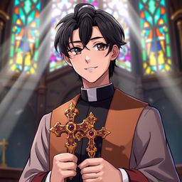 Anime style illustration of an adult male priest, wearing traditional clerical attire