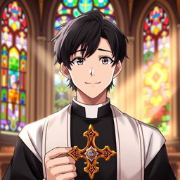 Anime style illustration of an adult male priest, wearing traditional clerical attire
