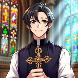 Anime style illustration of an adult male priest, wearing traditional clerical attire