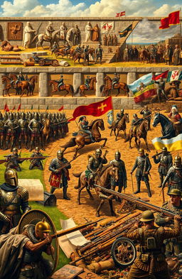 An elaborate scene depicting the evolution of military art throughout history