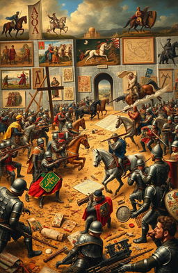 An elaborate scene depicting the evolution of military art throughout history