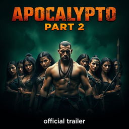 A thrilling movie poster for "Apocalypto Part 2 (2025)" featuring a dark color scheme dominated by deep greens, evoking a sense of mystery and looming danger