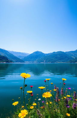 A serene landscape featuring a tranquil lake surrounded by lush, green mountains under a bright blue sky