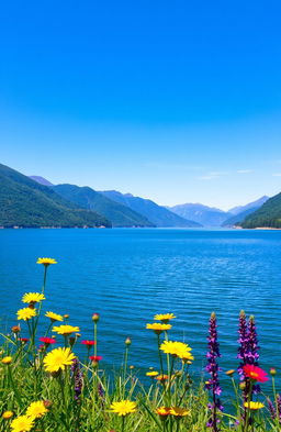 A serene landscape featuring a tranquil lake surrounded by lush, green mountains under a bright blue sky