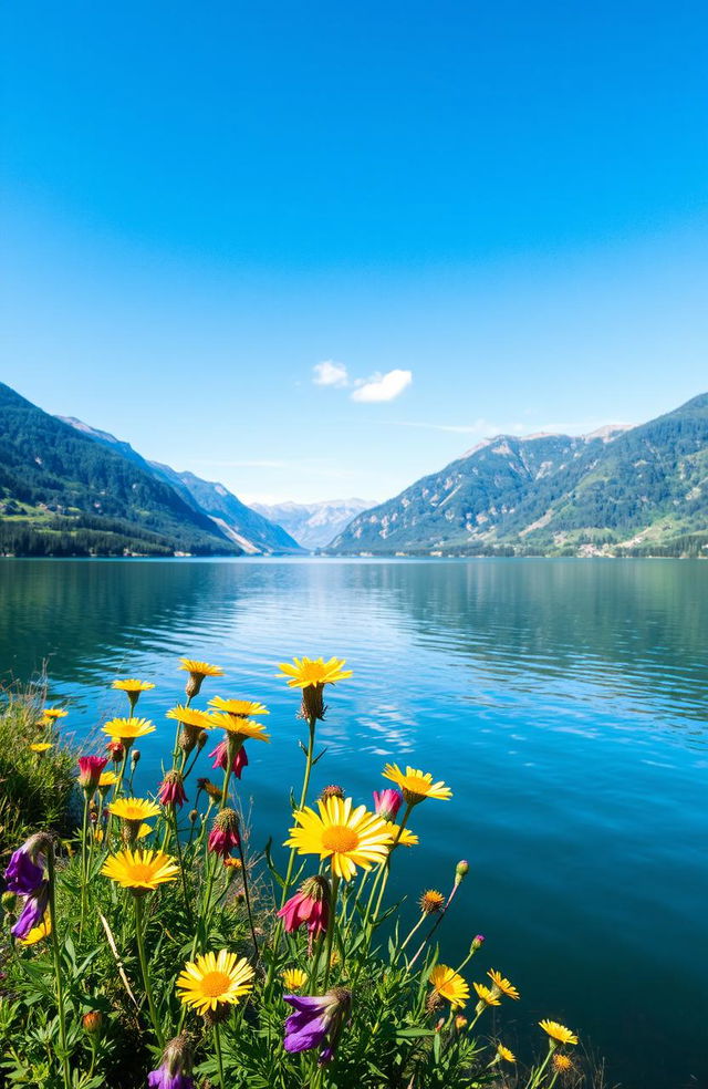 A serene landscape featuring a tranquil lake surrounded by lush, green mountains under a bright blue sky