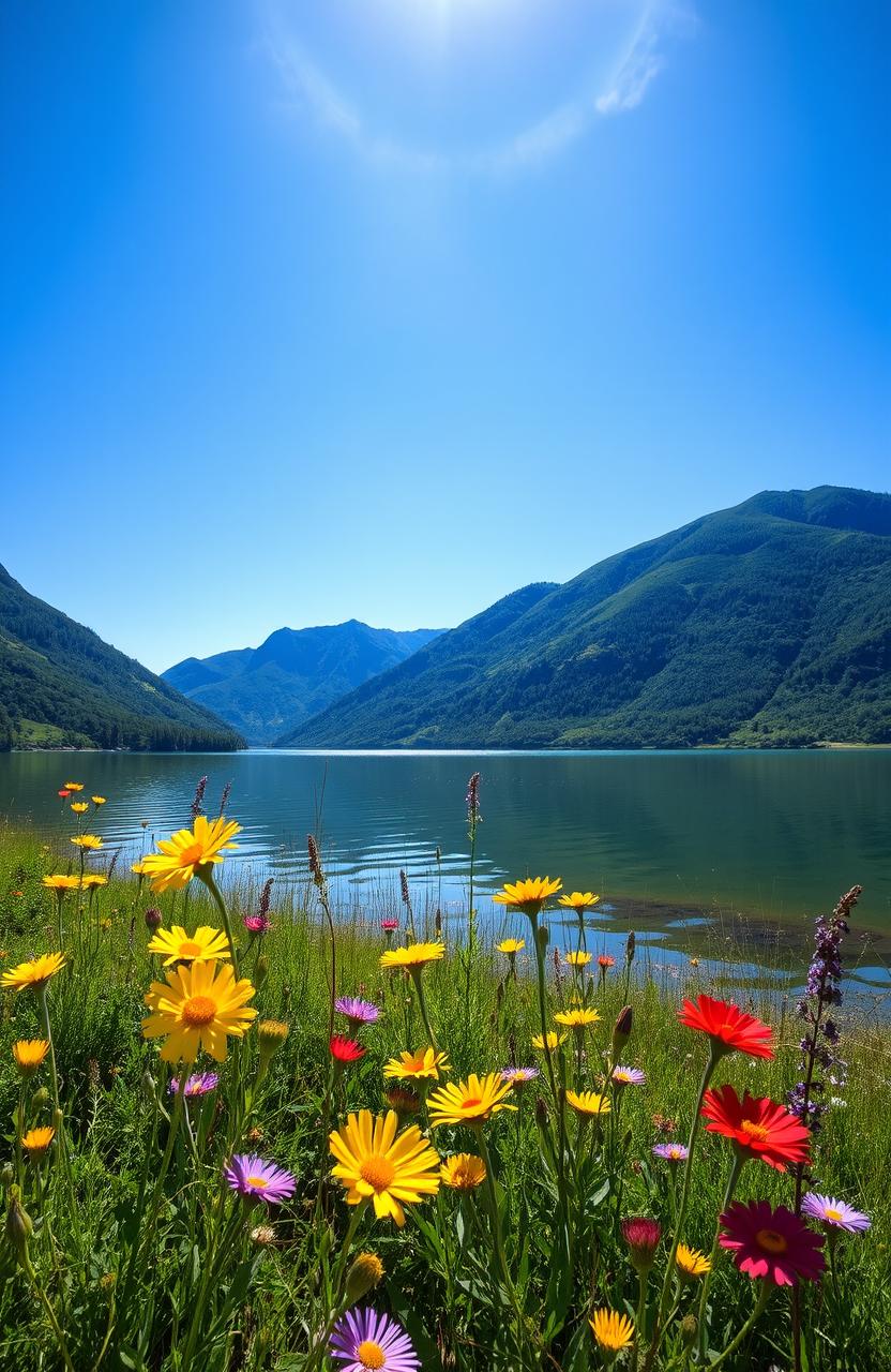 A serene landscape featuring a tranquil lake surrounded by lush, green mountains under a bright blue sky