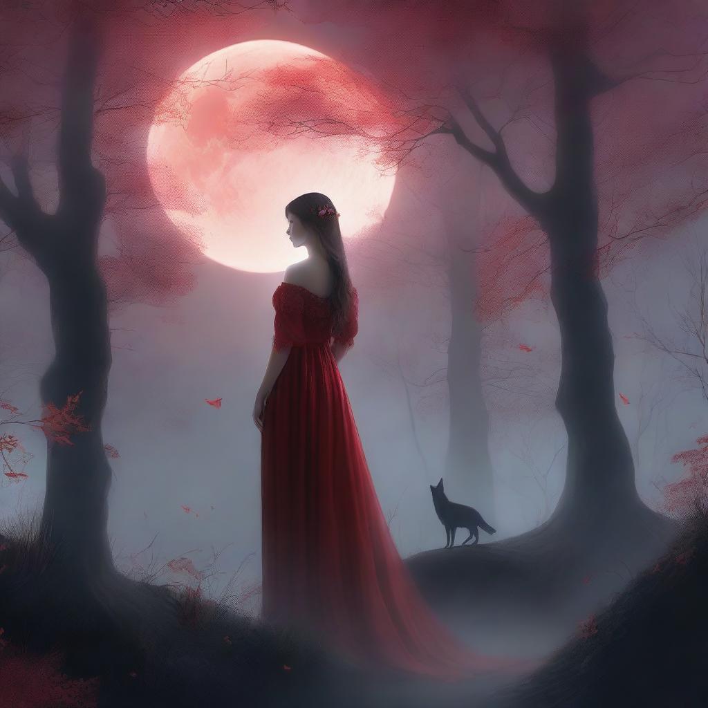 A high-quality digital art piece featuring a mysterious, foggy woodland under a glowing moon