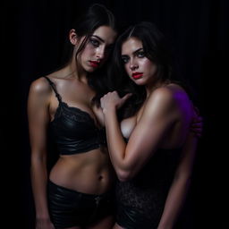Two seductive women in a dark, moody atmosphere, displaying a blend of sadness and allure