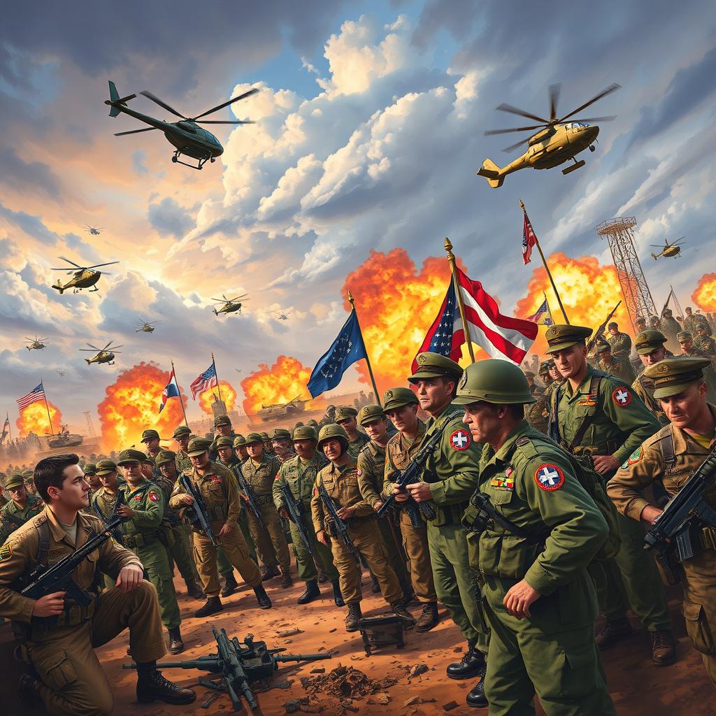 A dynamic battlefield scene depicting soldiers in various military uniforms from different eras, showcasing bravery and camaraderie