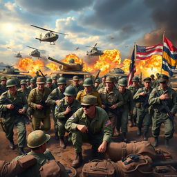 A dynamic battlefield scene depicting soldiers in various military uniforms from different eras, showcasing bravery and camaraderie