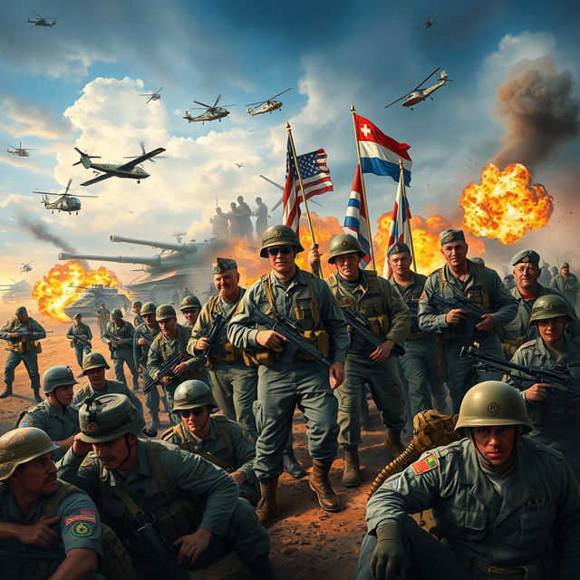 A dynamic battlefield scene depicting soldiers in various military uniforms from different eras, showcasing bravery and camaraderie