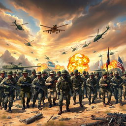 A dynamic battlefield scene depicting soldiers in various military uniforms from different eras, showcasing bravery and camaraderie