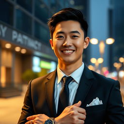 A stylish 22-year-old Chinese man, dressed in an elegant suit