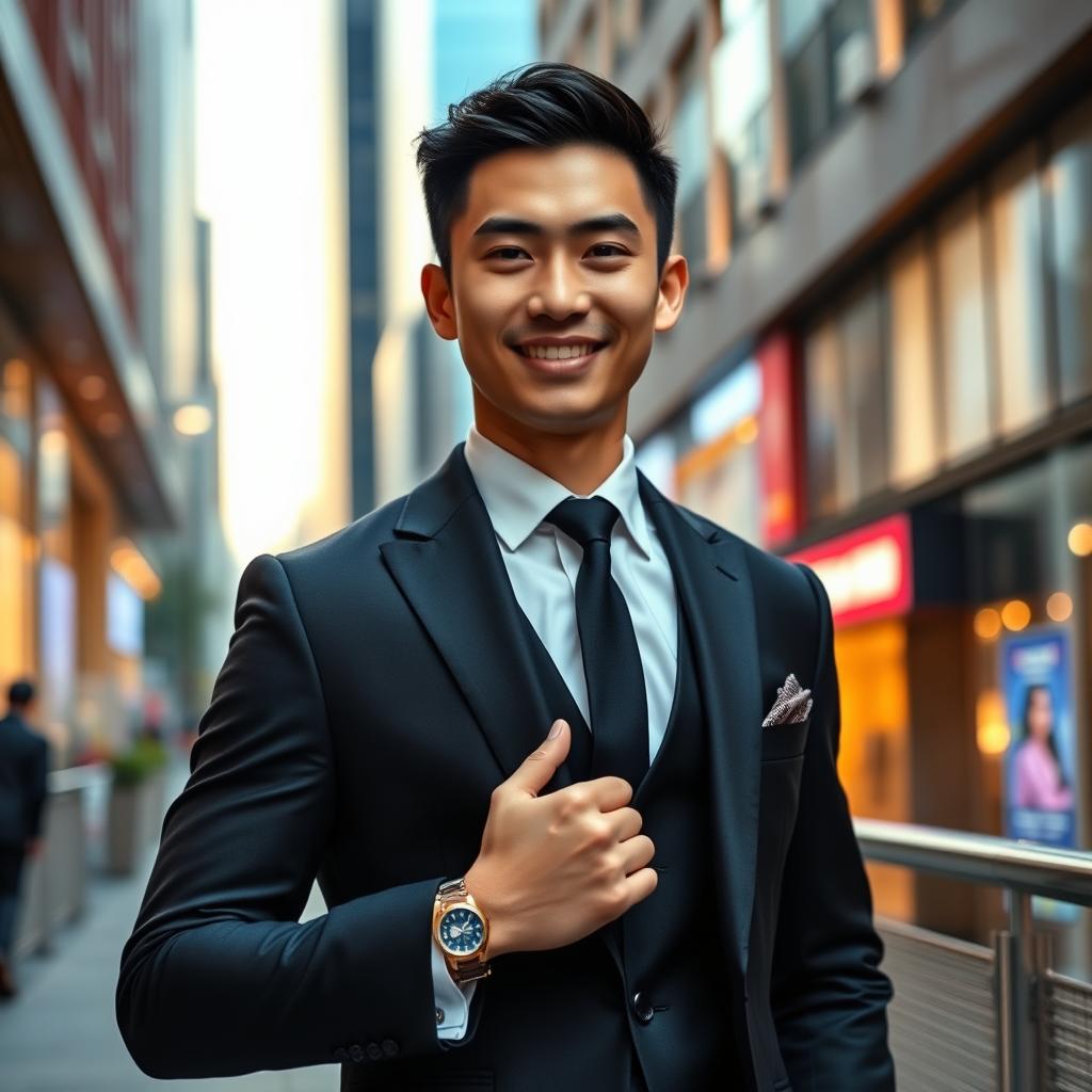 A stylish 22-year-old Chinese man, dressed in an elegant suit