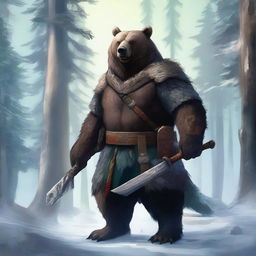 A digital art of a formidable bear warrior, equipped with a sharp axe, standing in a serene polar forest