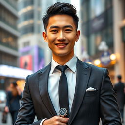 A stylish 22-year-old Chinese man, dressed in an elegant suit