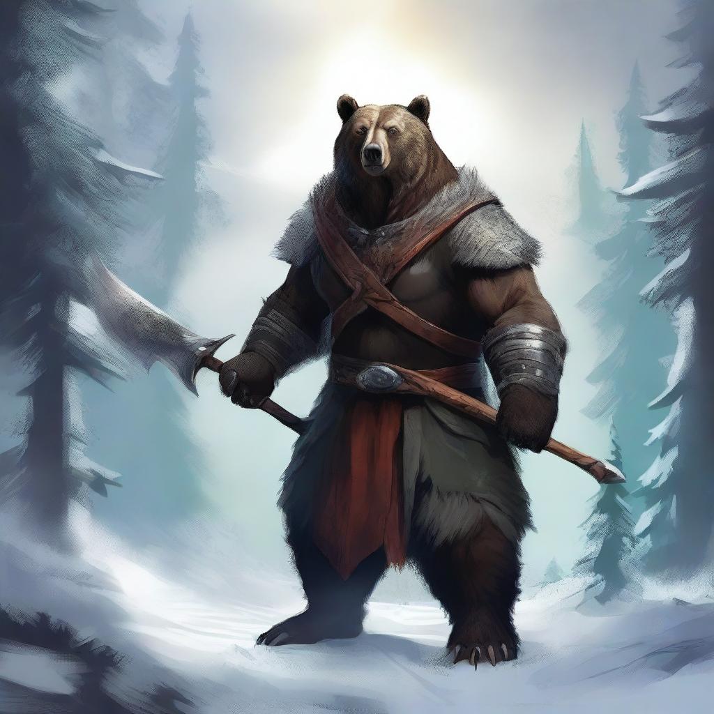 A digital art of a formidable bear warrior, equipped with a sharp axe, standing in a serene polar forest