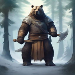 A digital art of a formidable bear warrior, equipped with a sharp axe, standing in a serene polar forest