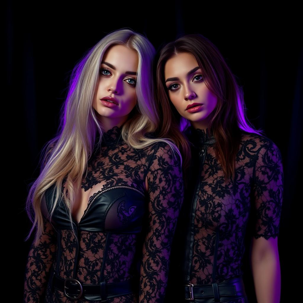 Two women with a sensual yet melancholic expression, one with long blonde hair, wearing intricate lace and leather outfits