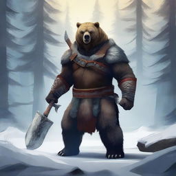 A digital art of a formidable bear warrior, equipped with a sharp axe, standing in a serene polar forest