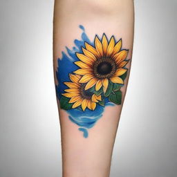 A high-quality, intricate tattoo design featuring a vibrant sunflower immersed in clear, rippling water