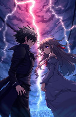 A captivating anime-style illustration capturing the essence of a twisted romance story from the book 'FATE', featuring two main characters: a dark-haired, brooding male protagonist with piercing eyes and a mysterious aura, dressed in gothic attire, and a vibrant, spirited female protagonist with flowing long hair and a determined expression, wearing a tattered dress