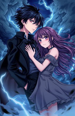 A captivating anime-style illustration capturing the essence of a twisted romance story from the book 'FATE', featuring two main characters: a dark-haired, brooding male protagonist with piercing eyes and a mysterious aura, dressed in gothic attire, and a vibrant, spirited female protagonist with flowing long hair and a determined expression, wearing a tattered dress