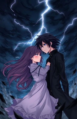 A captivating anime-style illustration capturing the essence of a twisted romance story from the book 'FATE', featuring two main characters: a dark-haired, brooding male protagonist with piercing eyes and a mysterious aura, dressed in gothic attire, and a vibrant, spirited female protagonist with flowing long hair and a determined expression, wearing a tattered dress
