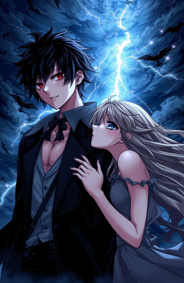 A captivating anime-style illustration capturing the essence of a twisted romance story from the book 'FATE', featuring two main characters: a dark-haired, brooding male protagonist with piercing eyes and a mysterious aura, dressed in gothic attire, and a vibrant, spirited female protagonist with flowing long hair and a determined expression, wearing a tattered dress