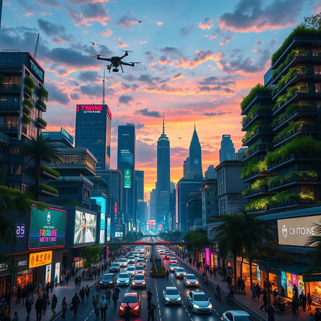A futuristic city skyline at dusk, filled with neon lights and architectural designs that blend nature and technology