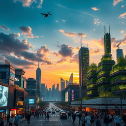 A futuristic city skyline at dusk, filled with neon lights and architectural designs that blend nature and technology