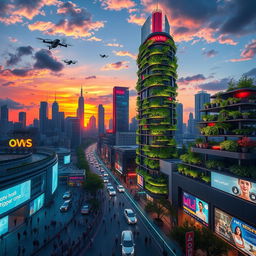 A futuristic city skyline at dusk, filled with neon lights and architectural designs that blend nature and technology