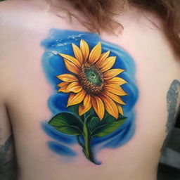 A high-quality, intricate tattoo design featuring a vibrant sunflower immersed in clear, rippling water