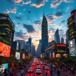 A futuristic city skyline at dusk, filled with neon lights and architectural designs that blend nature and technology