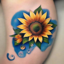 A high-quality, intricate tattoo design featuring a vibrant sunflower immersed in clear, rippling water