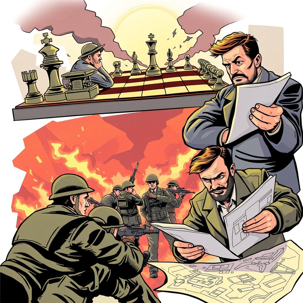 A dramatic and engaging illustration representing the concepts of strategy, operation, and tactic