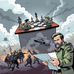 A dramatic and engaging illustration representing the concepts of strategy, operation, and tactic