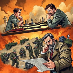 A dramatic and engaging illustration representing the concepts of strategy, operation, and tactic
