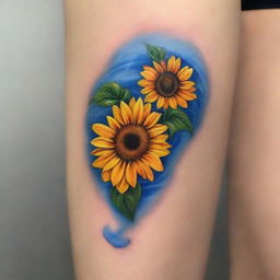 A high-quality, intricate tattoo design featuring a vibrant sunflower immersed in clear, rippling water