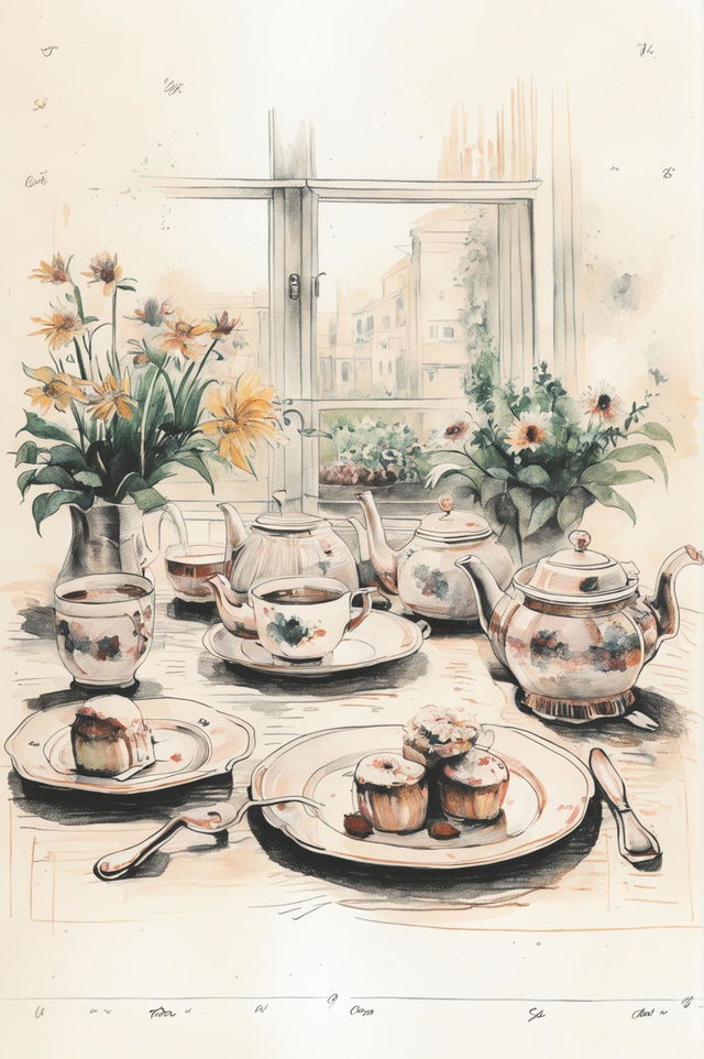 This is a detailed, hand-drawn sketch of an afternoon tea setting, inspired by Vincent Van Gogh's artistic style