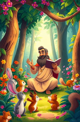 A whimsical illustration of a storyteller, Madhav, enthralled in a charming forest glade, narrating the captivating tale of Vidhu to a group of enchanted animals