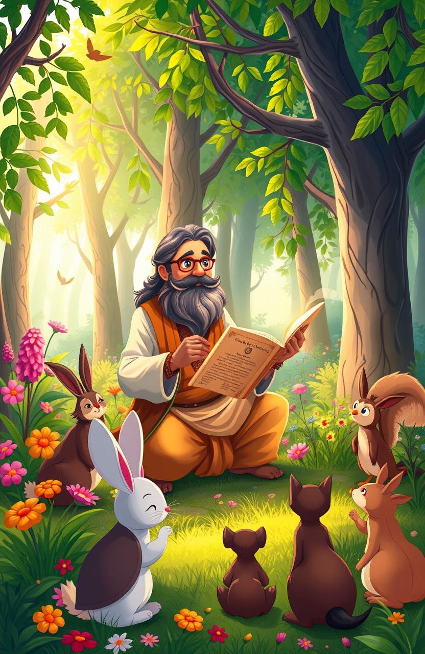 A whimsical illustration of a storyteller, Madhav, enthralled in a charming forest glade, narrating the captivating tale of Vidhu to a group of enchanted animals