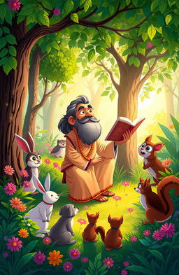 A whimsical illustration of a storyteller, Madhav, enthralled in a charming forest glade, narrating the captivating tale of Vidhu to a group of enchanted animals